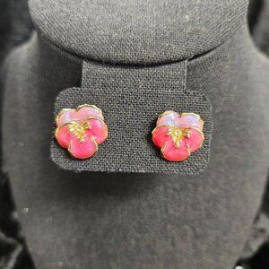 Avon signed gold tone flower earrings with pink enamel coating, center gemstone